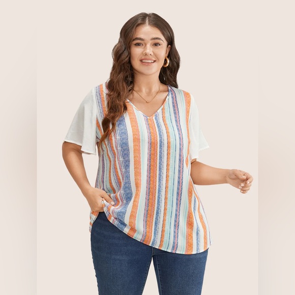 ⭐️ BLOOMCHIC Striped Contrast Patchwork Ruffle Sleeve Blouse - Picture 1 of 15